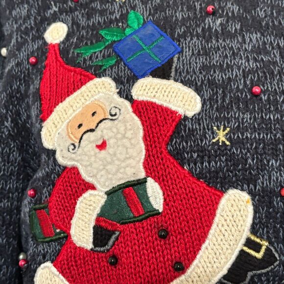 Designers Originals Joy Blue Button Cardigan Santa Embroidery Appliqué Size M - Picture 10 of 14